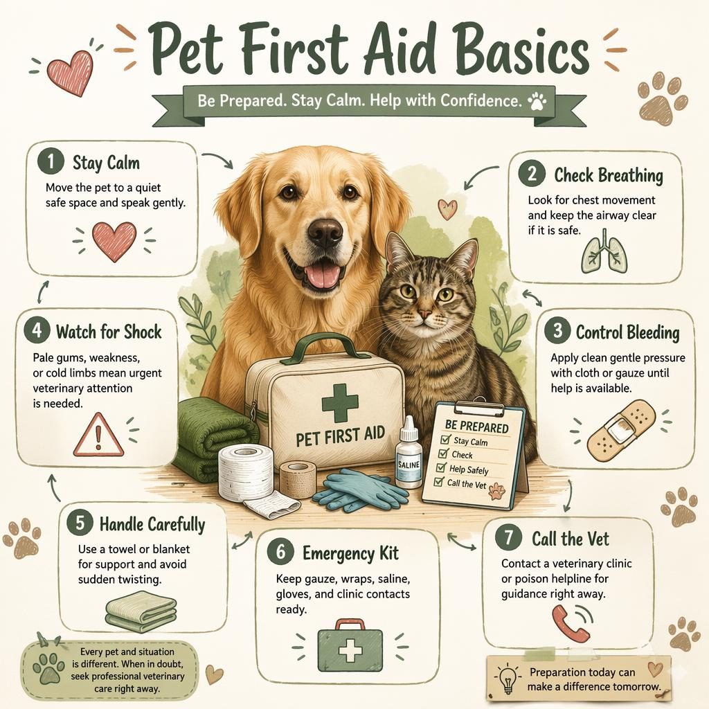 Pet first aid infographic with dog and cat portrait collage, calm first-aid kit, and 7 English callouts in sketchnote style