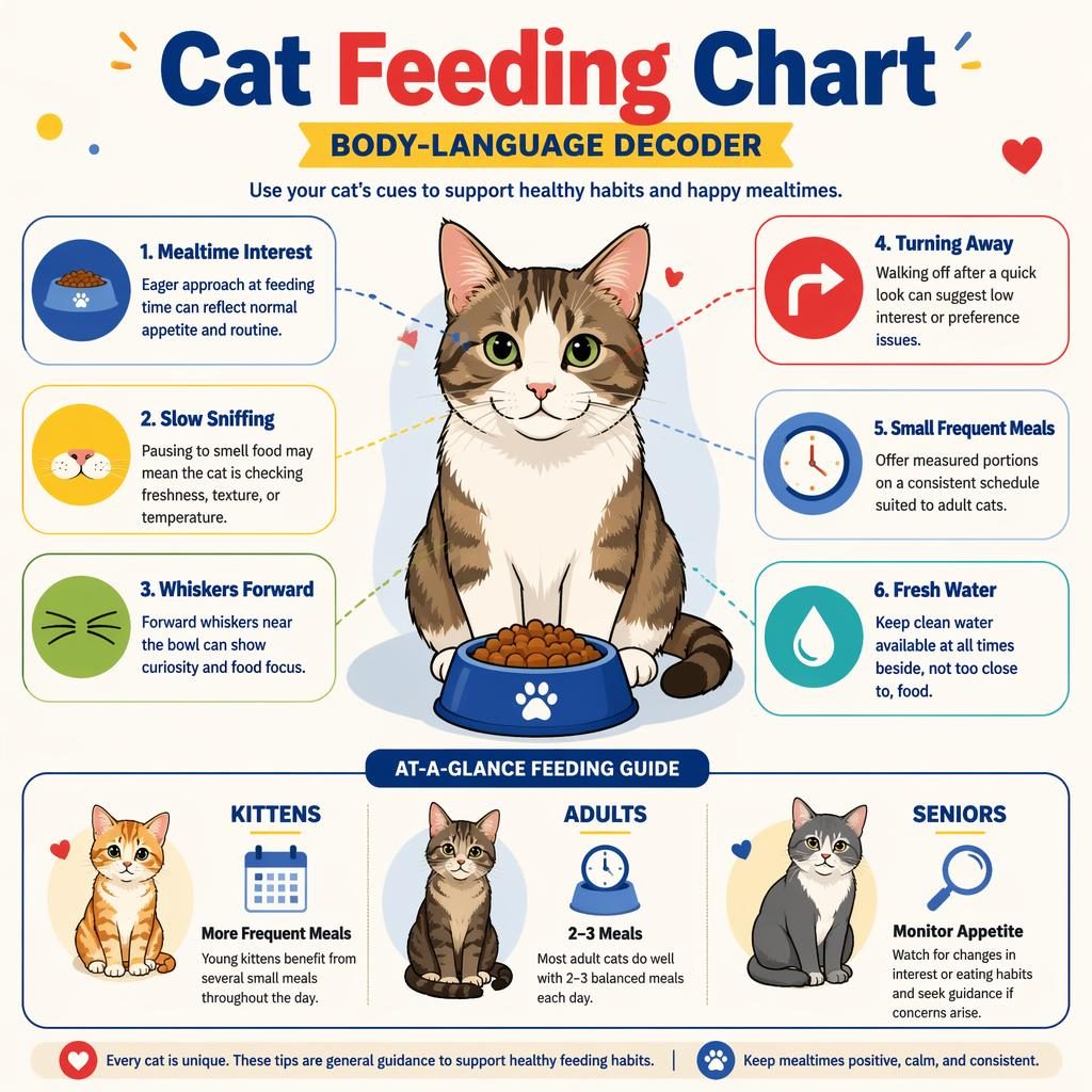 Minimal flat pet infographic with a centered cat portrait, 6 feeding cue callouts, and a small feeding chart panel.