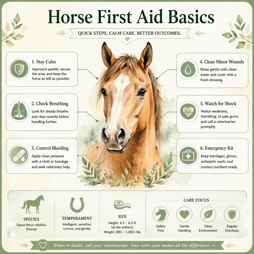Horse first aid basics infographic with watercolor horse portrait, 6 labeled care callouts, and profile-card badges in sage and cream.