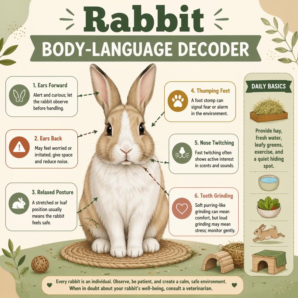 Pet care infographic with a centered rabbit, 6 body-language callouts, icons, arrows, and a Daily Basics sidebar.