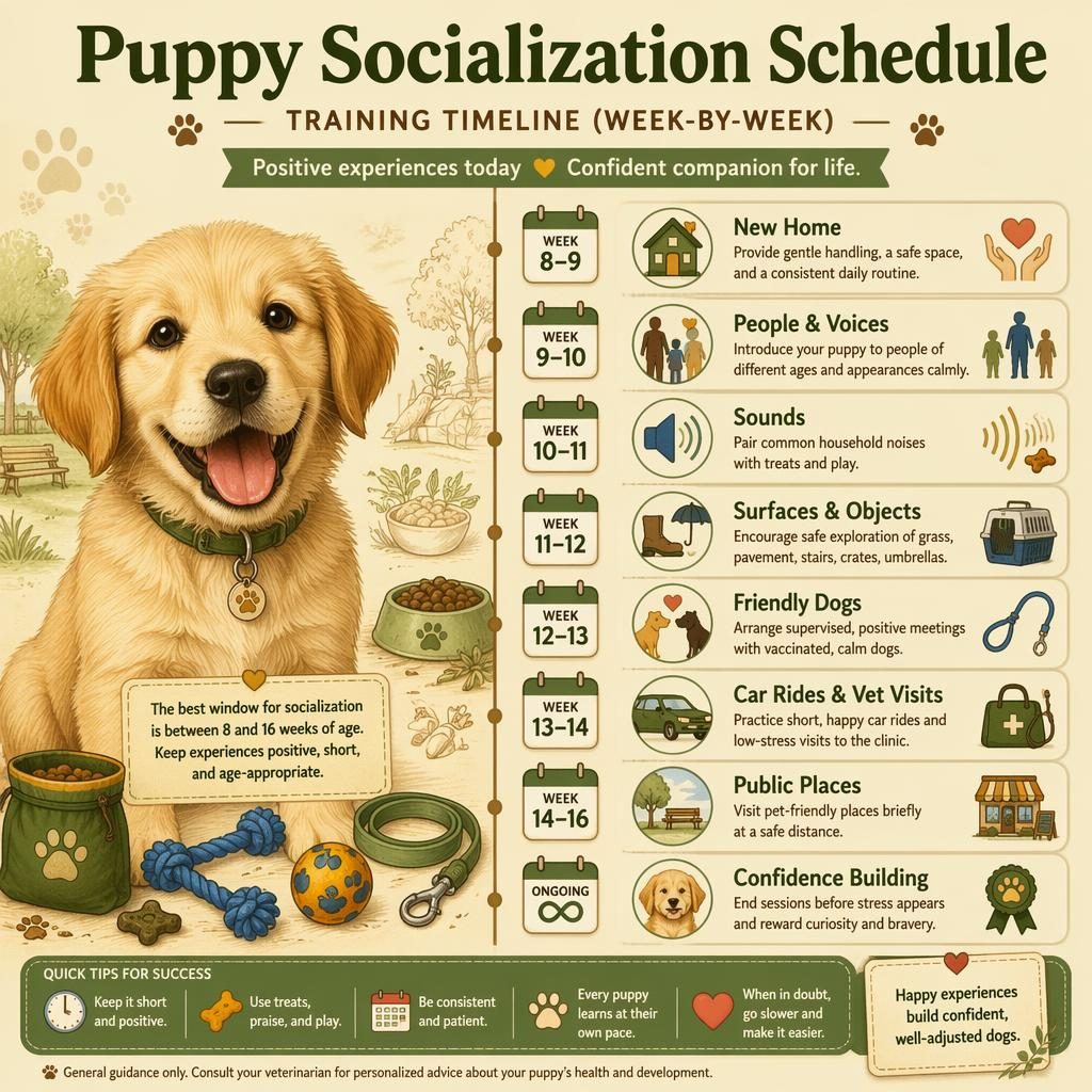 Vintage-style puppy socialization schedule infographic with happy puppy portrait, weekly timeline, icons, and pet care callouts.