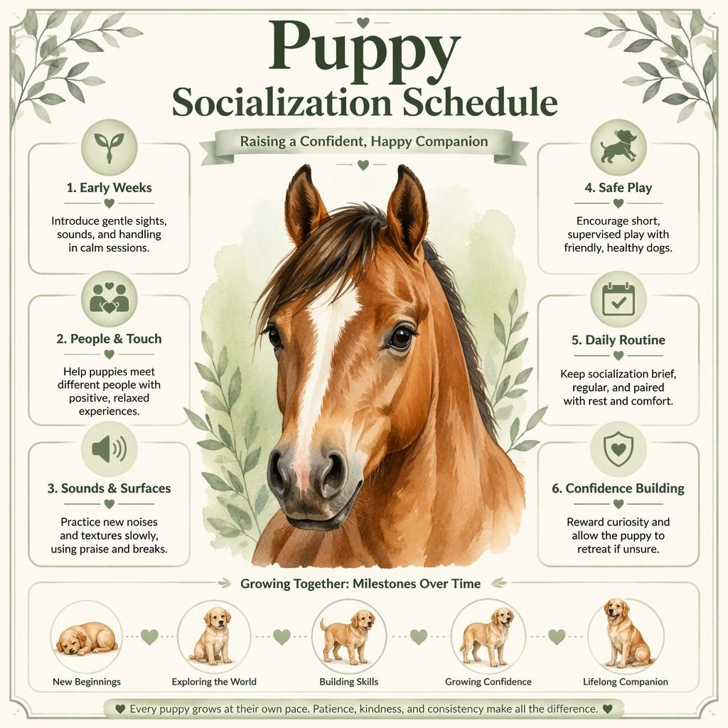 Pet care infographic with a watercolor horse portrait, 6 puppy socialization callouts, icons, and sage cream editorial layout.