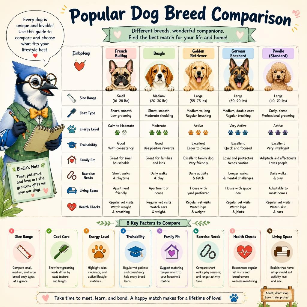 Pastel pet care infographic with bird guide, dog breed comparison board, icons, charts, and labeled callouts in English.