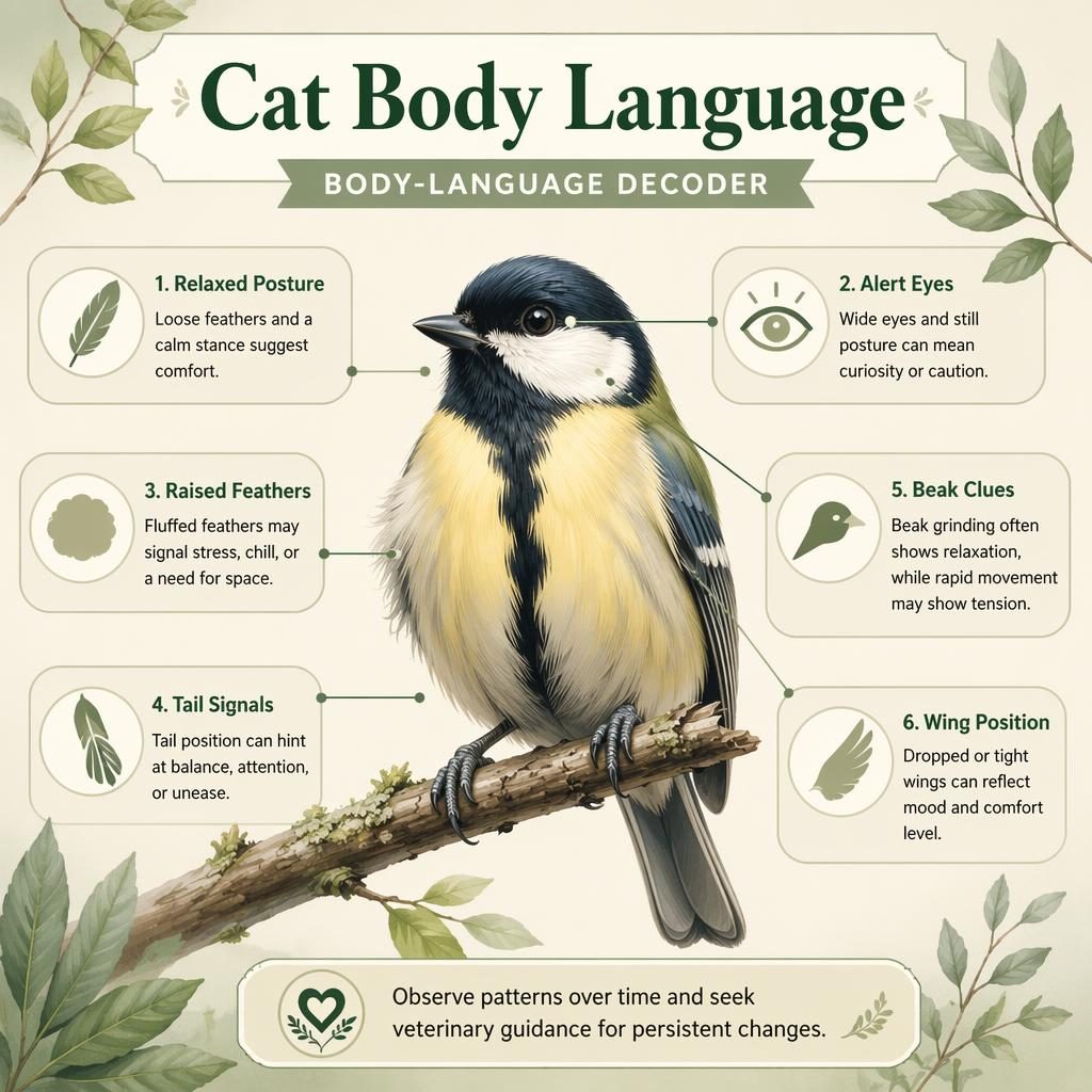 Pet care infographic with a friendly bird portrait, sage and cream palette, and 6 body language callouts in English.