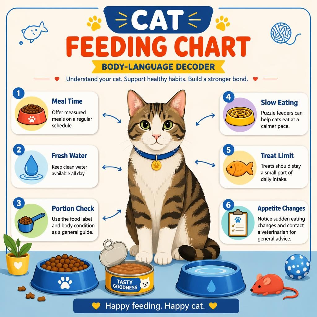 Flat illustration infographic of a friendly cat with 6 feeding callouts, bowl, kibble, canned food, water dish, and arrows.