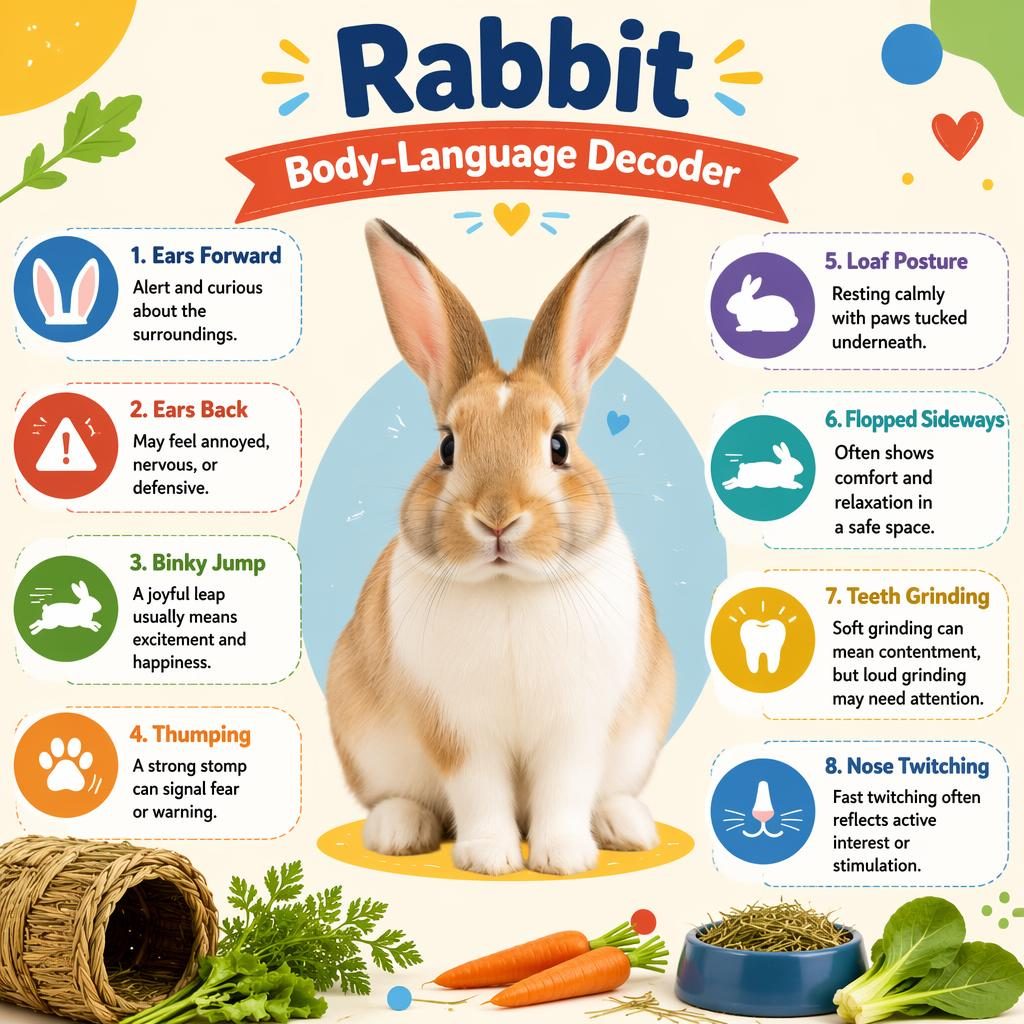 Flat pet care infographic with a centered cute rabbit and 8 English body-language callouts, plus carrots, hay, greens.