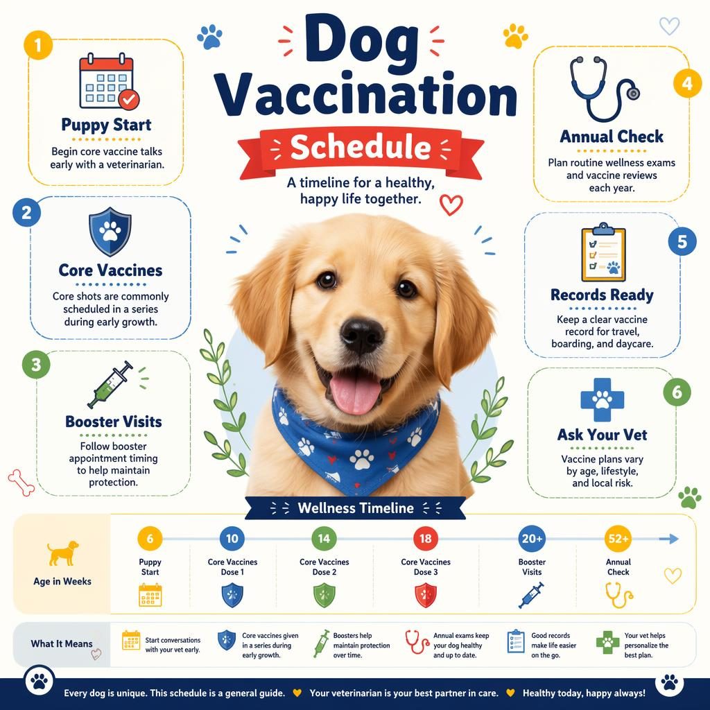 Pet care infographic with a centered friendly reptile, six vaccine schedule callouts, icons, and a simple age chart.