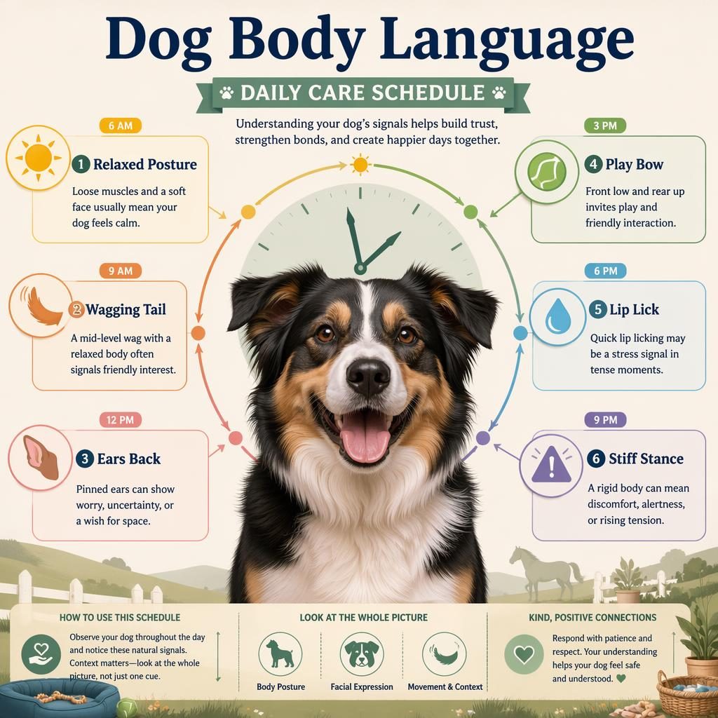 Pastel pet care infographic with a friendly dog portrait and 6 daily schedule callouts explaining dog body language cues.