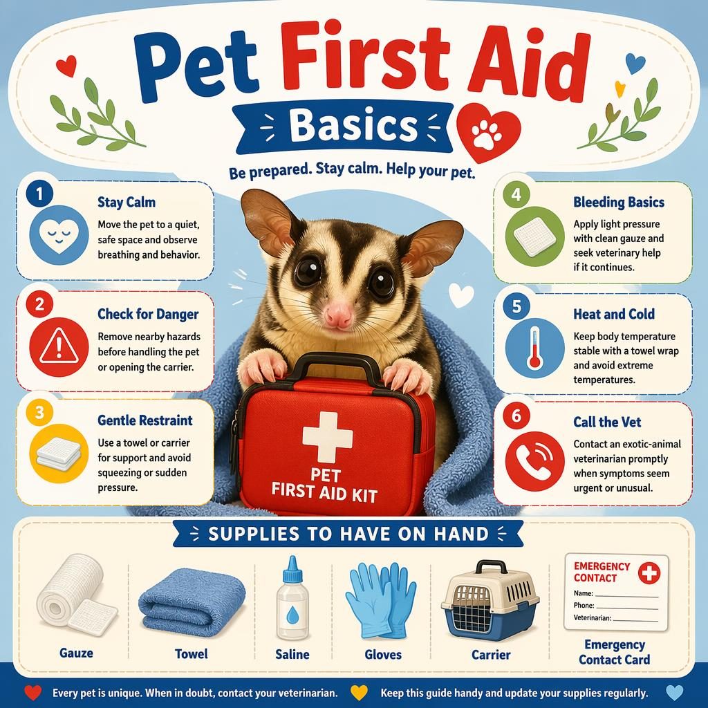 Pet first aid infographic with a small exotic pet, first-aid kit, 6 safety callouts, and a supplies section in a cozy style.