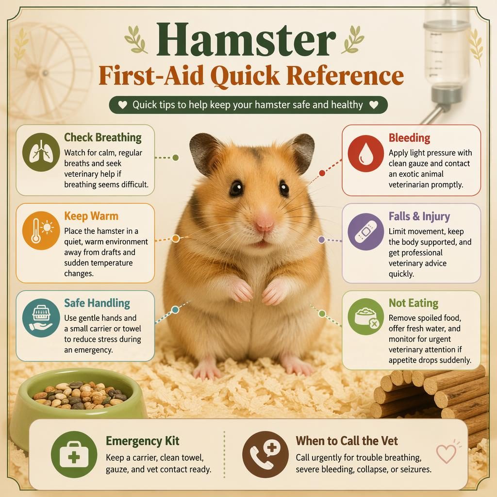 Pet care infographic with a centered healthy hamster, 6 first-aid callouts, and 2 bottom quick tips in a warm editorial style.