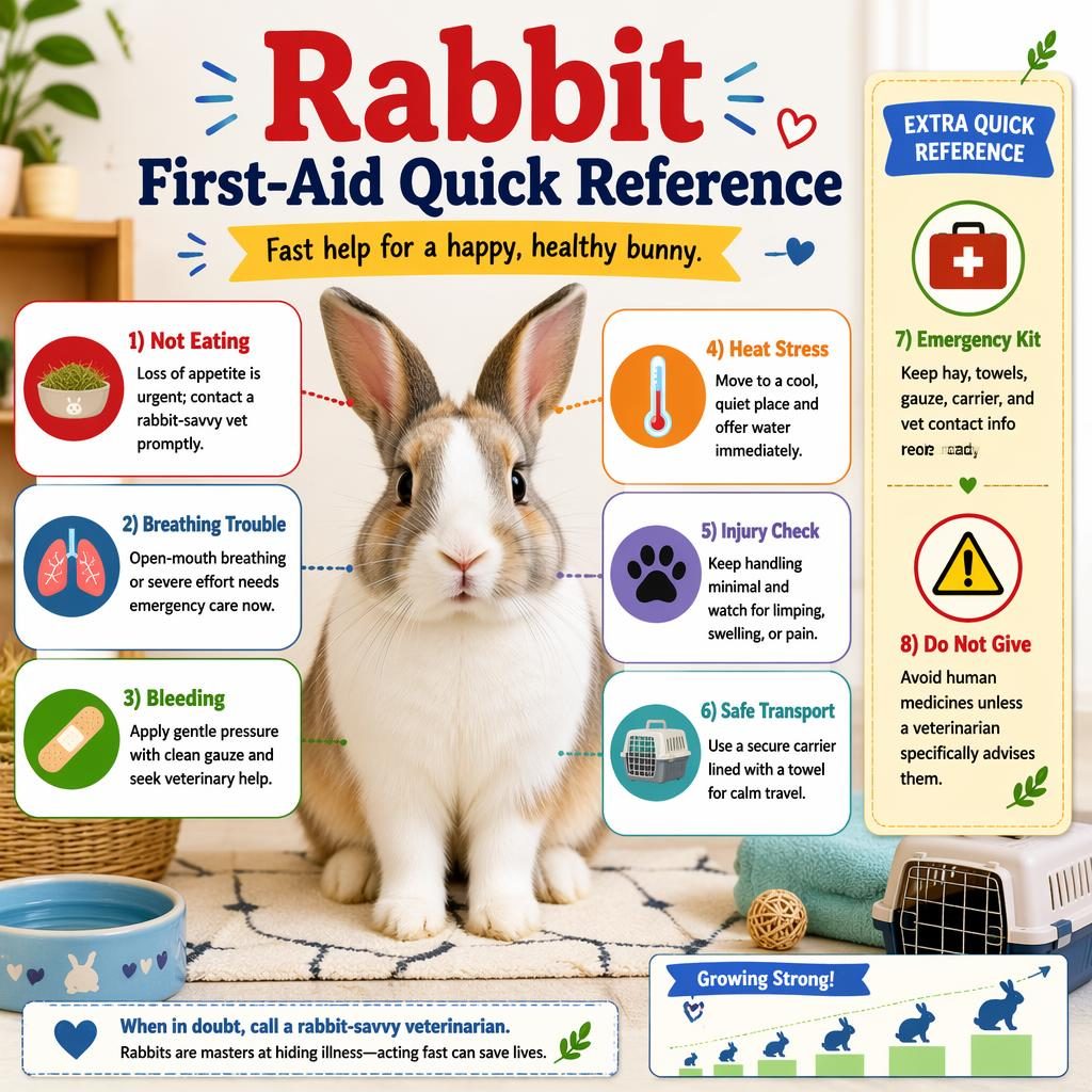 Editorial rabbit first-aid infographic with centered rabbit, 8 care callouts, icons, sidebar, hay, water bowl, carrier, and home setting.