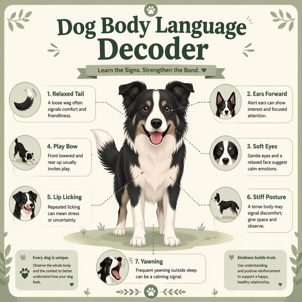 Minimal flat pet infographic with a centered dog portrait and labeled body language callouts in sage and cream.