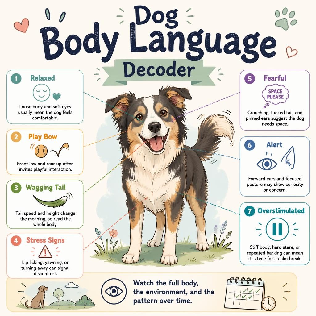 Pastel sketchnote pet infographic with a friendly dog portrait and 7 body language callouts with icons and labels.