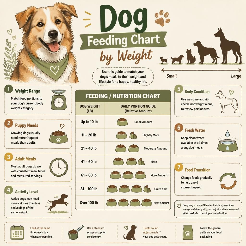 Pet care infographic with a friendly dog portrait, weight-range feeding chart, dog silhouettes, and 7 nutrition callouts.