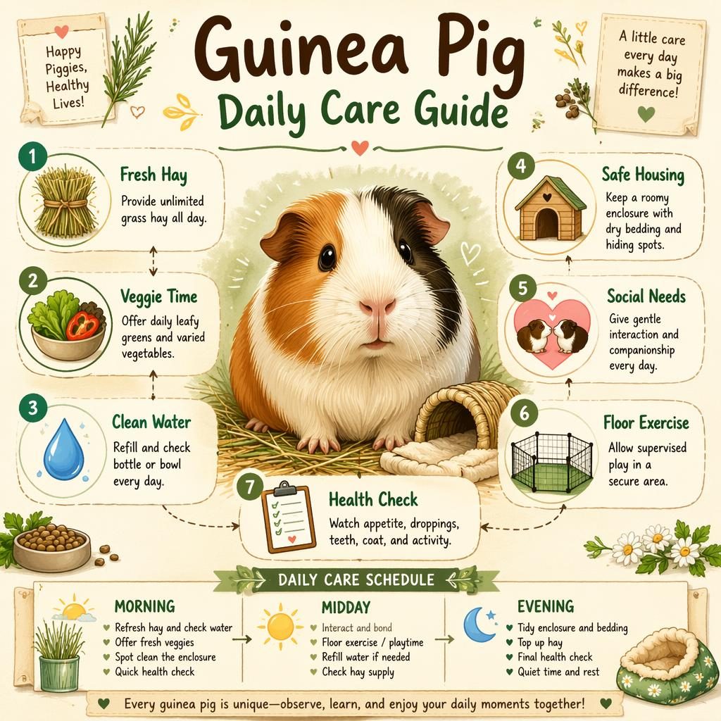 Sketchnote pet care infographic with a guinea pig portrait and 7 daily care callouts, icons, and morning to evening flow.