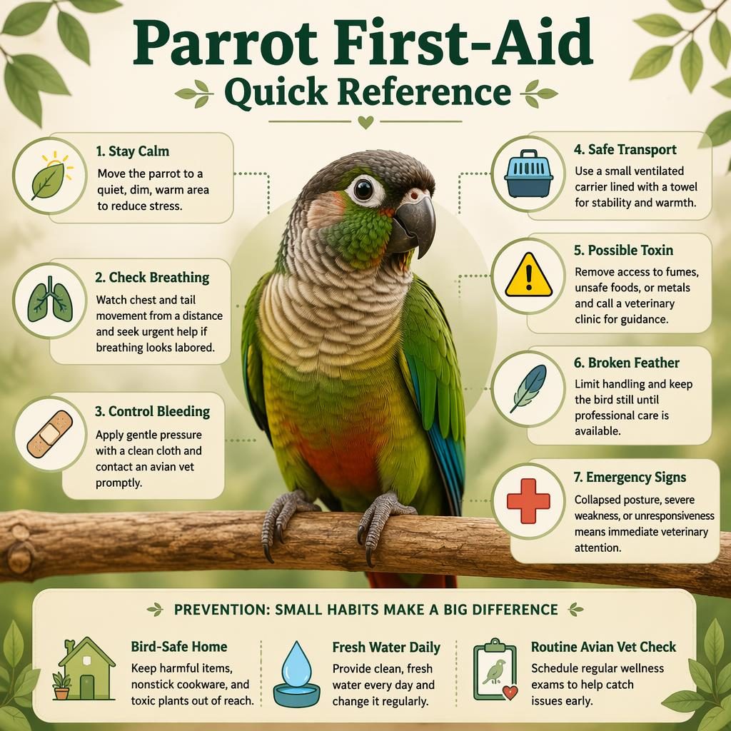 Editorial pet care infographic showing a calm companion parrot with 7 first-aid callouts, icons, and 3 prevention tips.