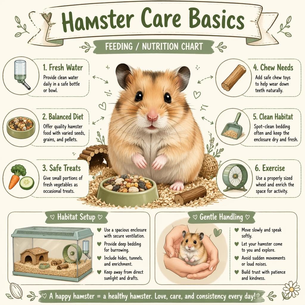 Editorial pet care infographic with a centered hamster portrait, 6 care callouts, and small Habitat Setup and Gentle Handling panels.