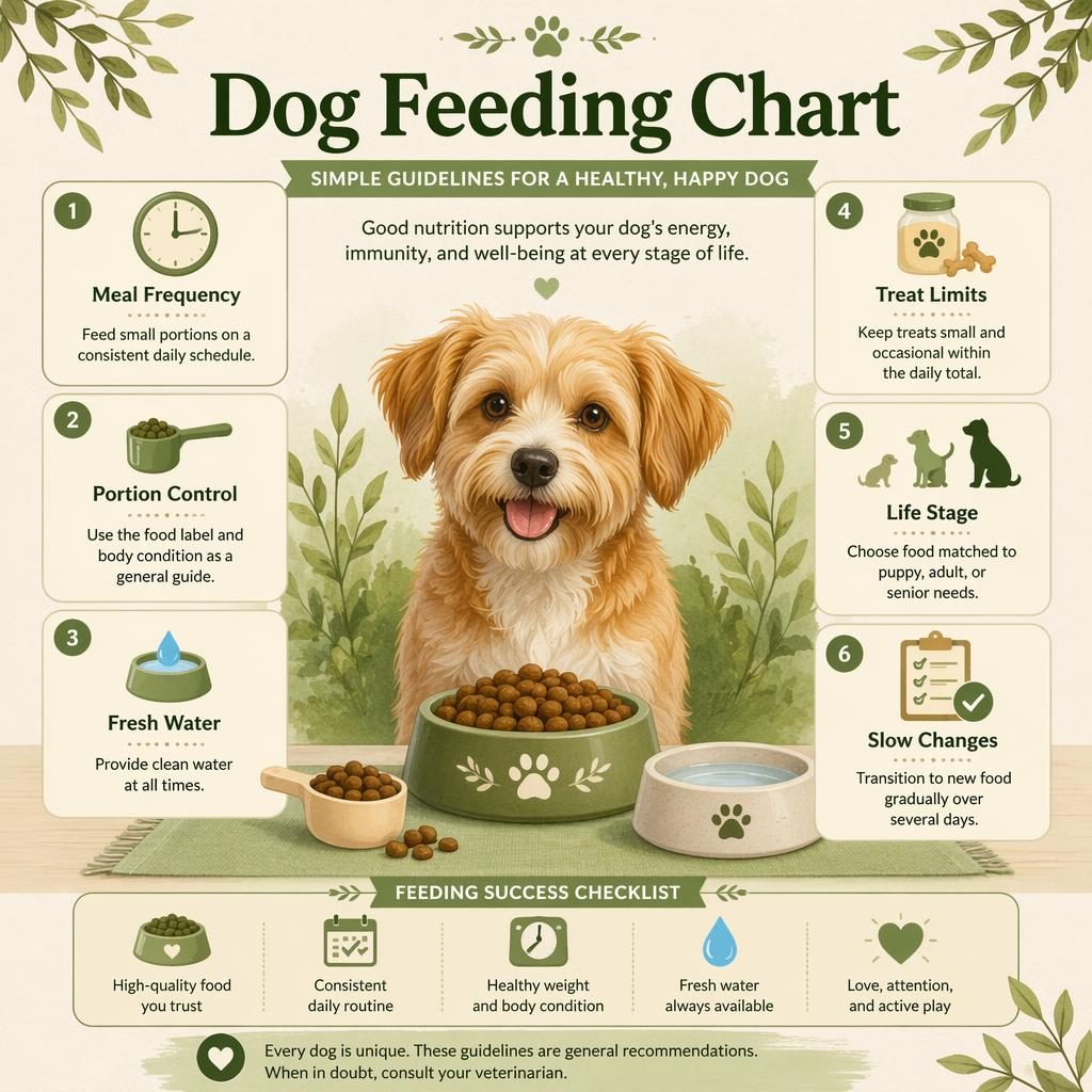 Pet care infographic with small dog portrait and 6 feeding callouts, bowls, clock, water dish, scoop, treat jar icons.