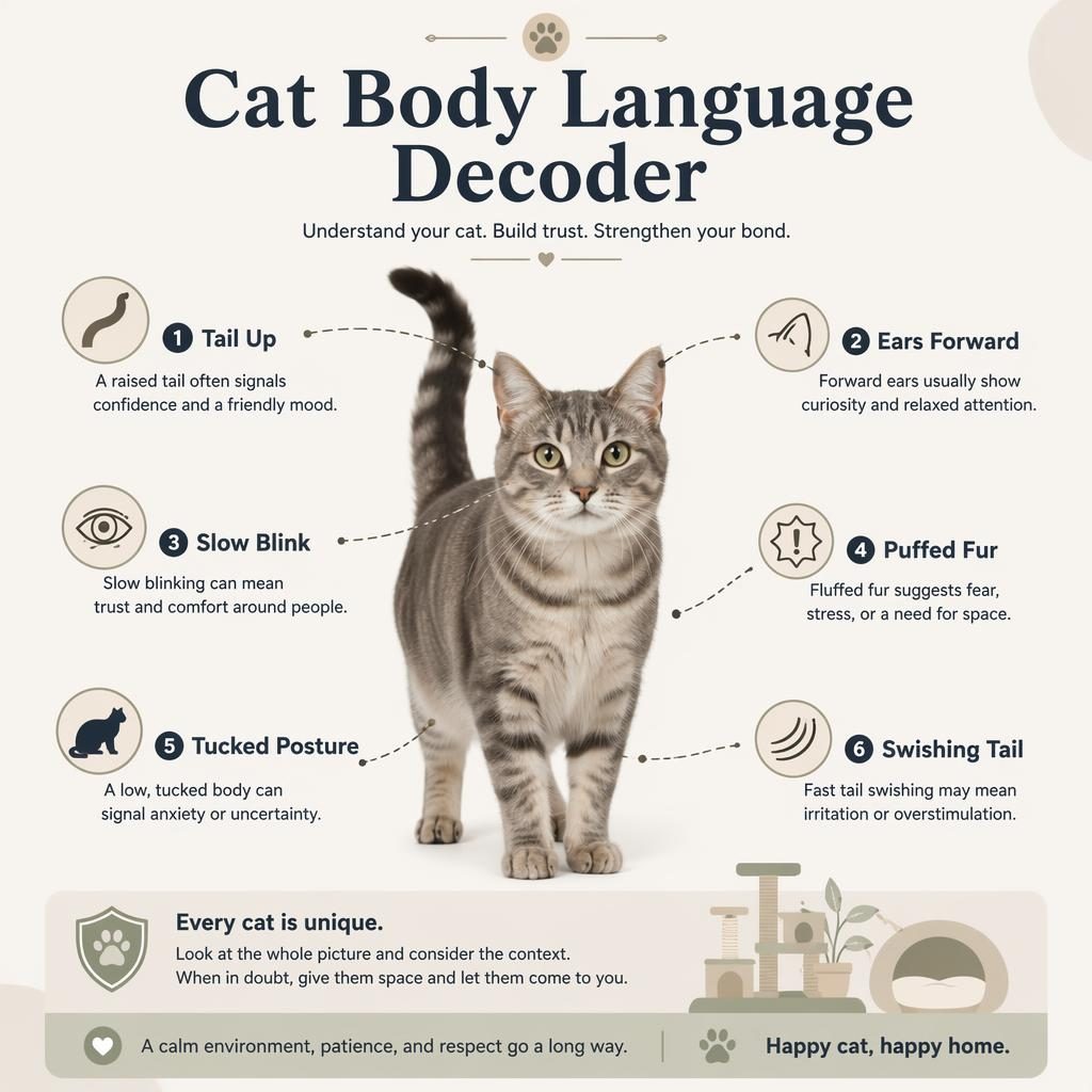 Minimal flat pet infographic with centered cat portrait and 6 body language callouts in a monochrome editorial style.