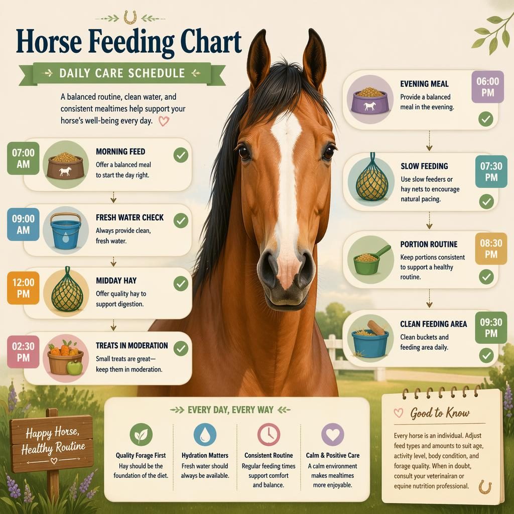 Pastel pet care infographic with a horse portrait and 8 feeding schedule callouts, icons, time blocks, bowls, hay, and water bucket.