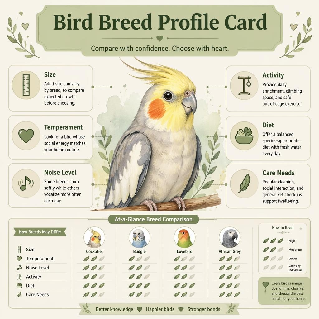 Watercolor bird breed profile card infographic with 6 labeled callouts, icons, sage and cream panels, and centered portrait.