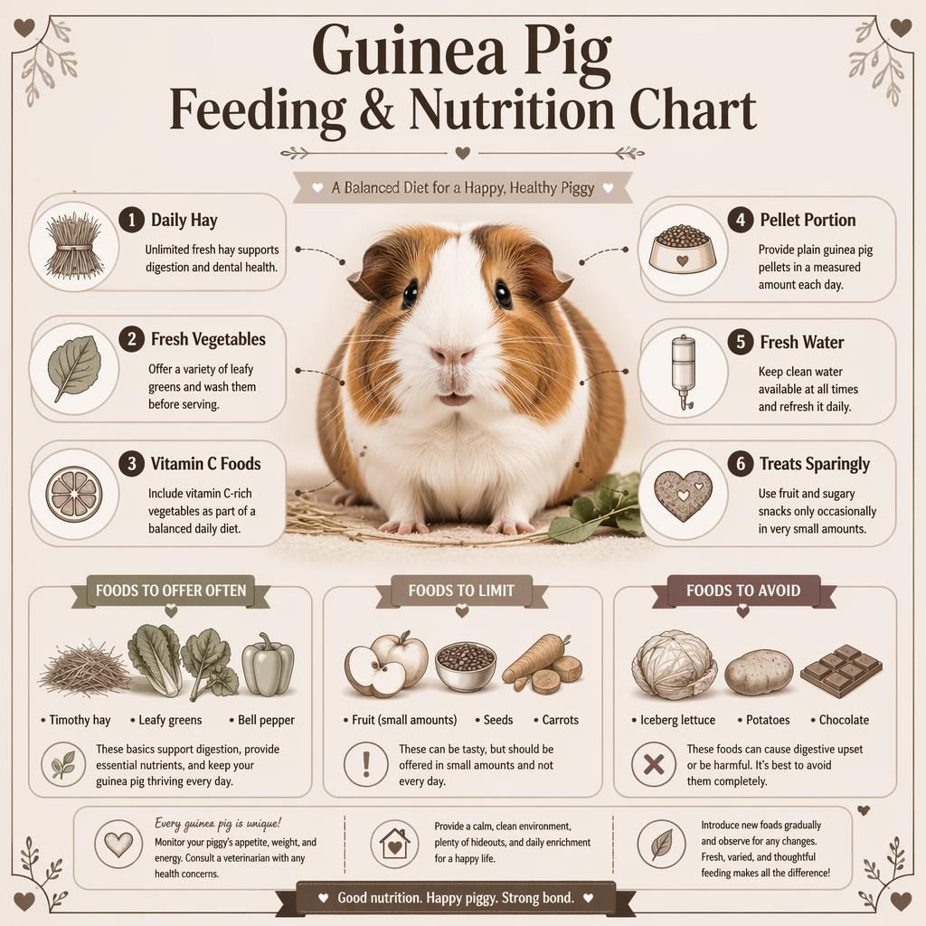 Monochrome guinea pig feeding infographic with centered pet portrait, 6 nutrition callouts, and food offer, limit, avoid sections.