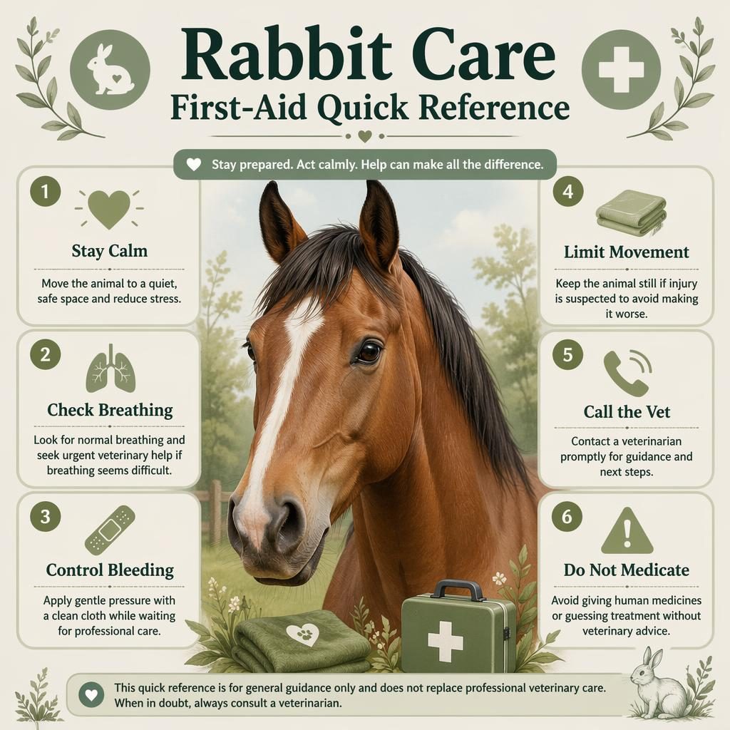 Pet care infographic with a horse portrait in sage and cream, plus 6 first-aid callouts and small safety icons.