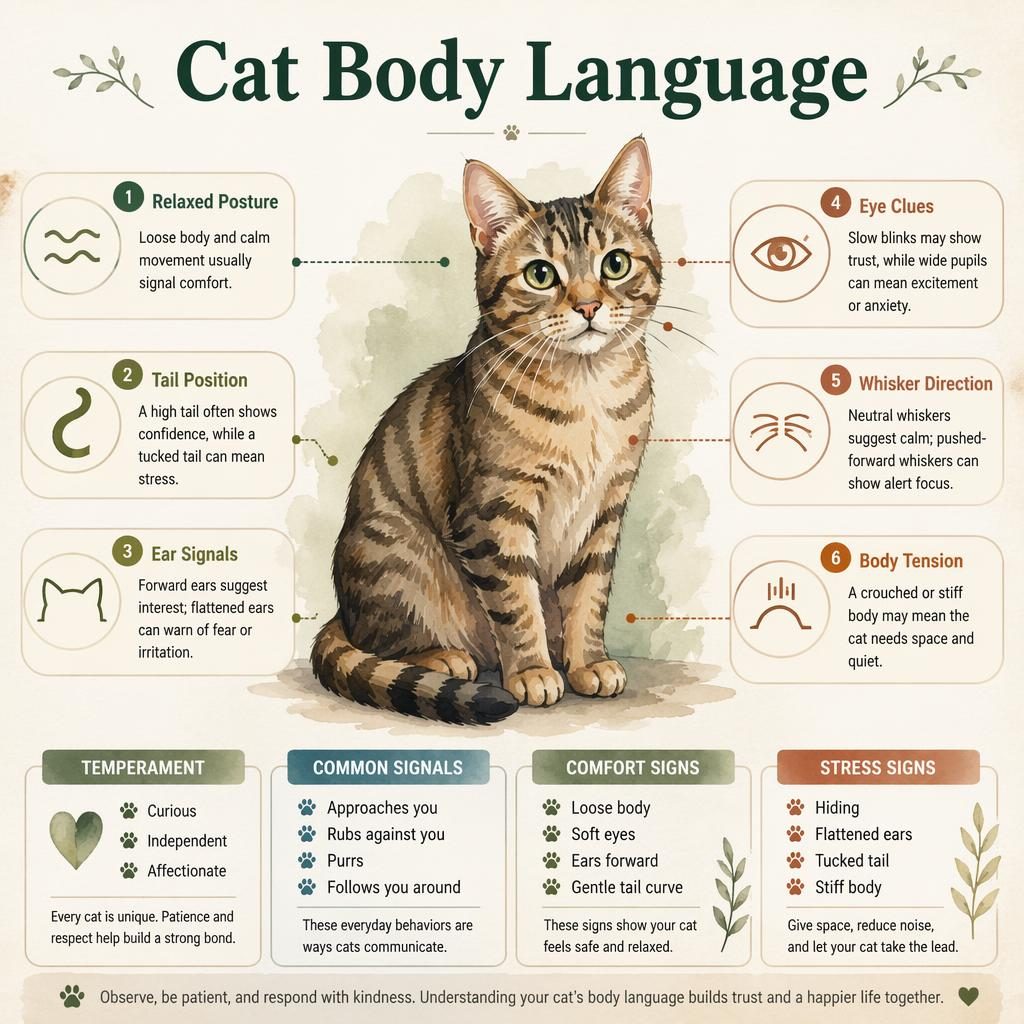 Editorial pet care infographic card with a watercolor aquarium fish portrait and six labeled behavior callouts in muted earth tones.