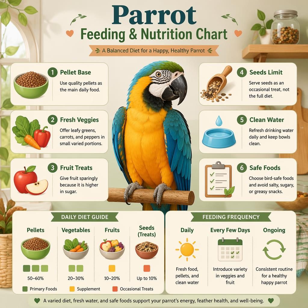 Pastel pet care infographic with a colorful parrot, 6 feeding callouts, icons, bowls, portion blocks, and meal symbols.