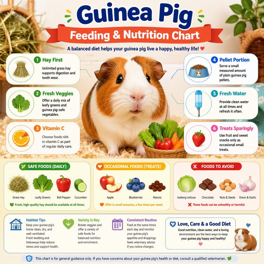 Editorial-style pet care infographic with a centered guinea pig, 6 feeding callouts, food charts, veggie icons, and cozy habitat accents.