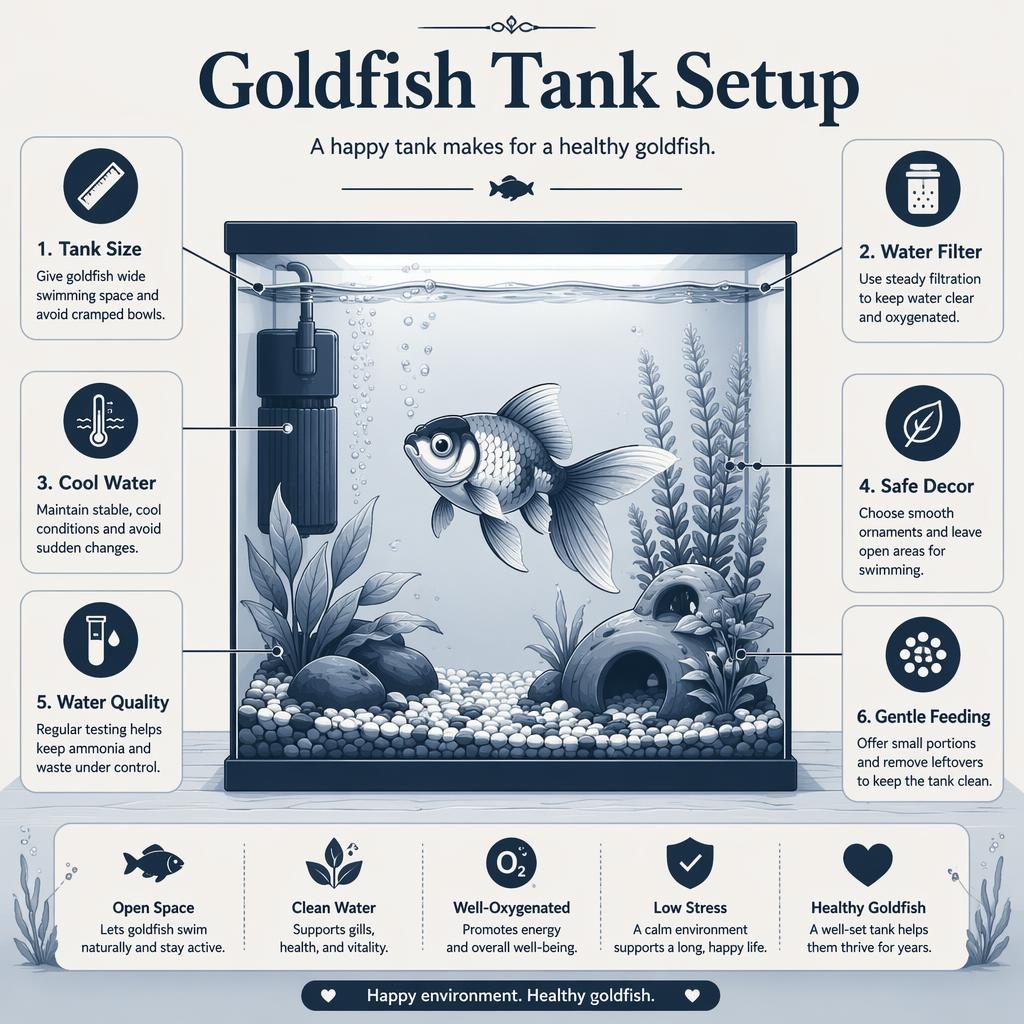 Minimal pet care infographic showing a goldfish in a clean aquarium with 6 labeled setup callouts, icons, plants, filter, and bubbles.