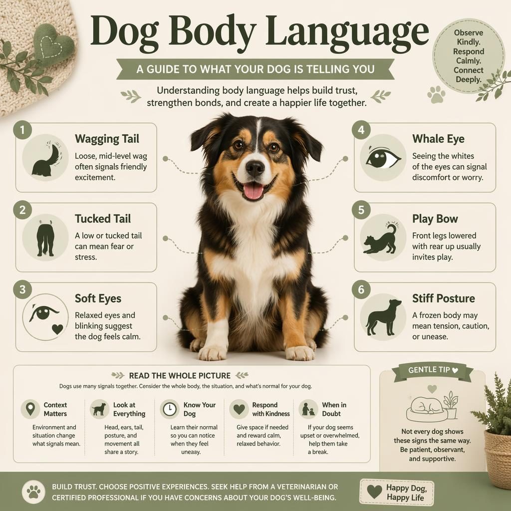 Pet care infographic showing a relaxed dog with 6 labeled body language callouts in sage and cream editorial style.