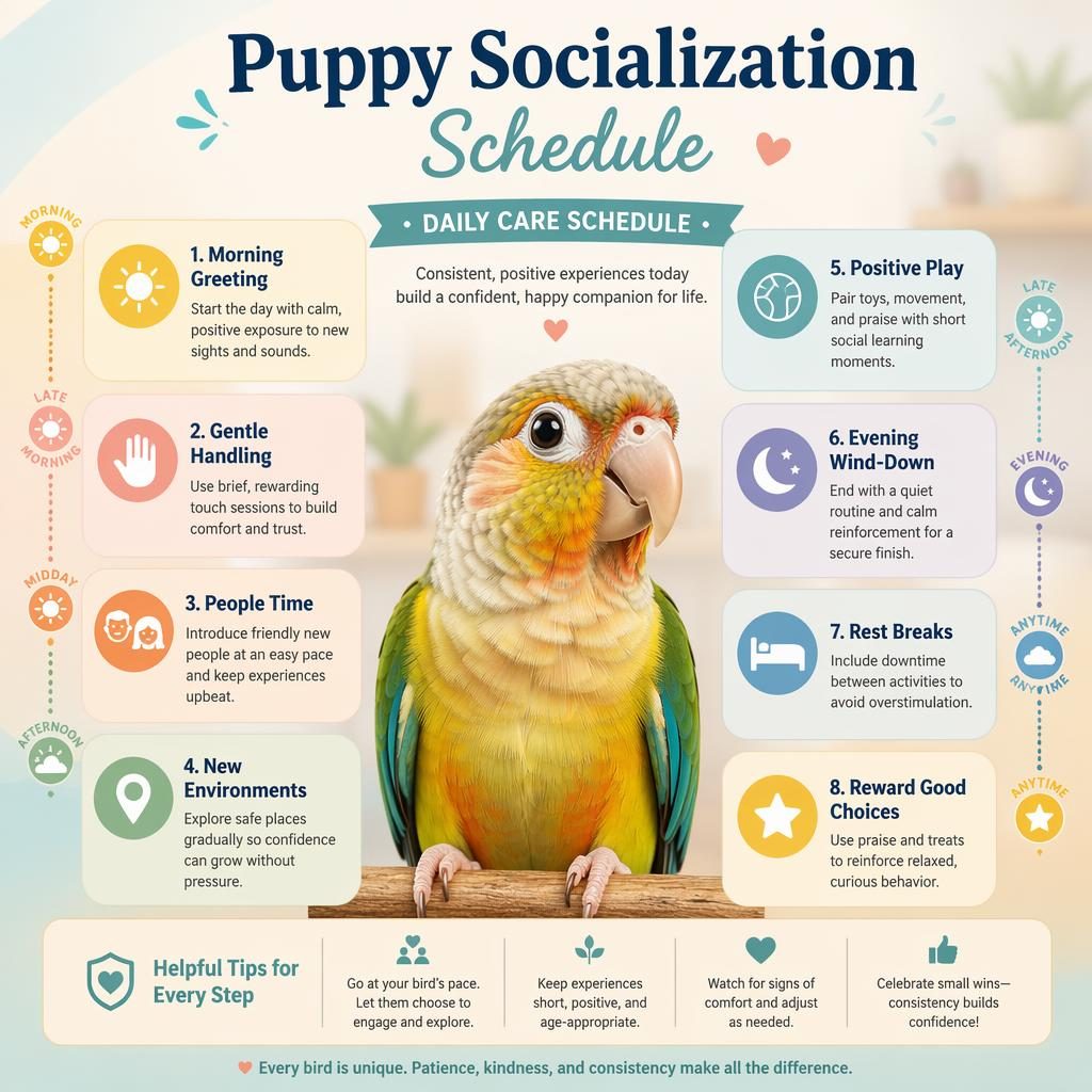 Pastel pet care infographic with a central bird portrait and 6 daily socialization callouts with simple icons and panels.