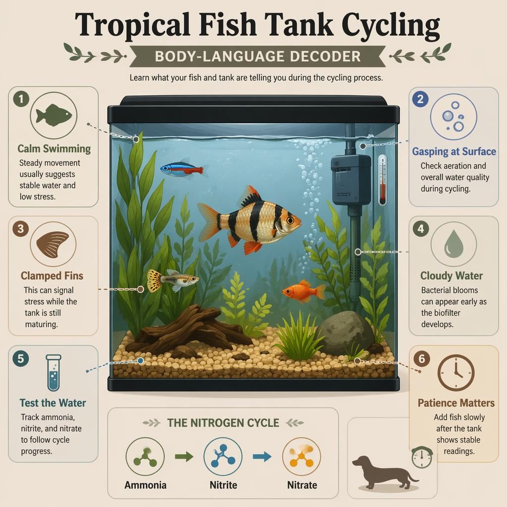 Minimal infographic of tropical fish tank cycling with fish, plants, filter, 6 callouts, and a tiny dog silhouette card.