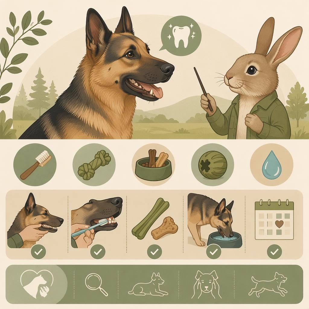 Pet care infographic about: dog dental care. Archetype: body-language decoder. Species: rabbit. Style: minimal flat, war