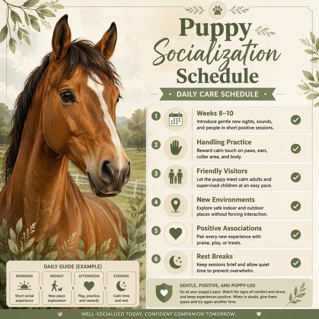 Pet care infographic with a friendly horse portrait, sage and cream layout, and 6 puppy socialization callouts with icons.