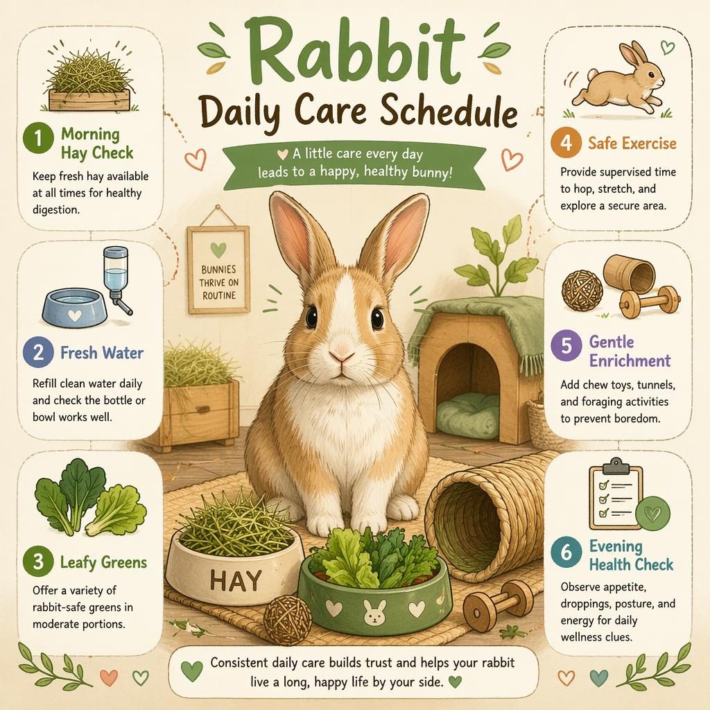 Sketchnote rabbit daily care infographic with 6 labeled callouts, icons, hay, water, greens, exercise, enrichment, and health check.