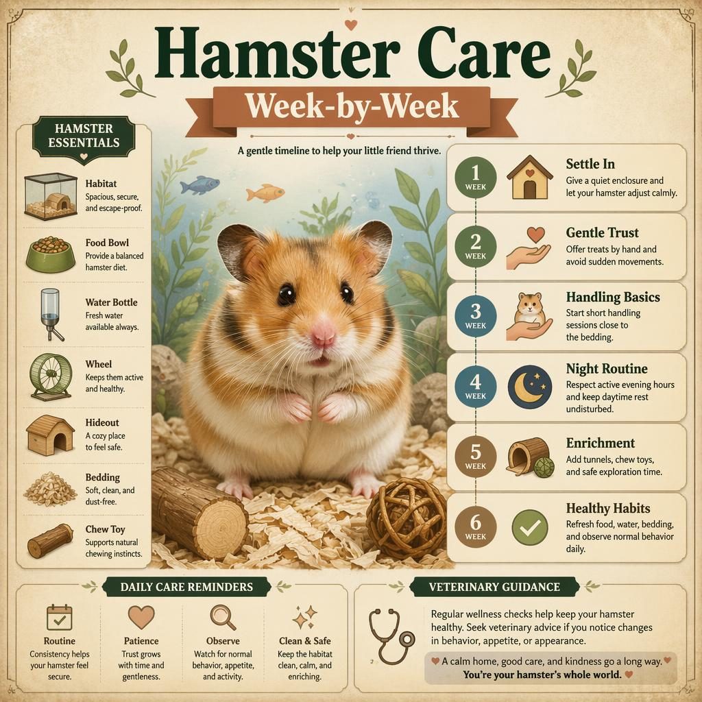Vintage-style hamster care infographic with a cute hamster portrait and 6 weekly care callouts, icons, and habitat labels.