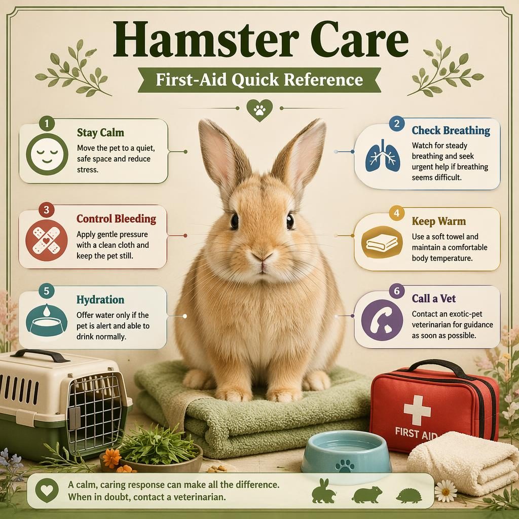 Pet care infographic with a rabbit portrait, 6 first-aid callouts, and icons for breathing, bleeding, warmth, hydration, vet.