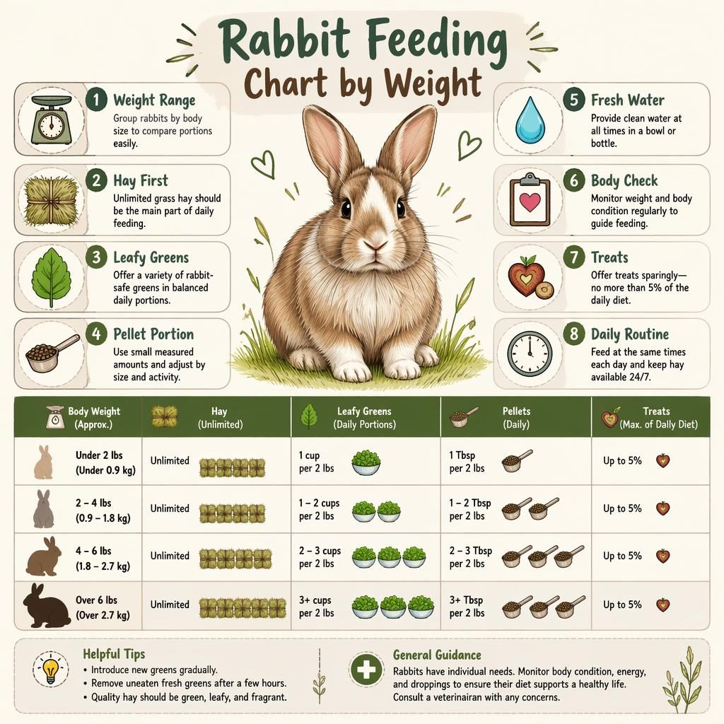 Infografika s králíkem uprostřed, 6 popisky, ikonami a srovnávací tabulkou krmení podle hmotnosti v zemitých tónech.