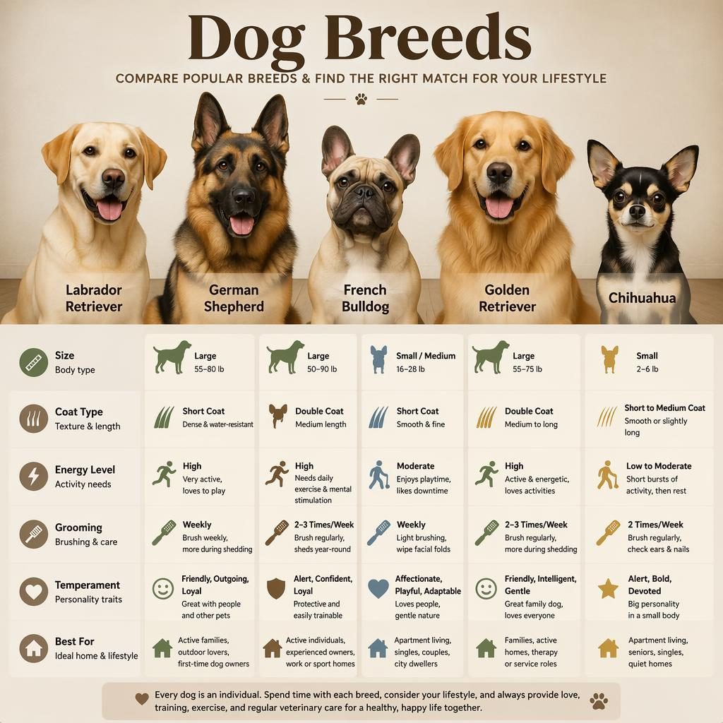 Infografía editorial con cinco razas de perro, retratos de estudio, fichas comparativas e iconos de tamaño, pelaje y energía.