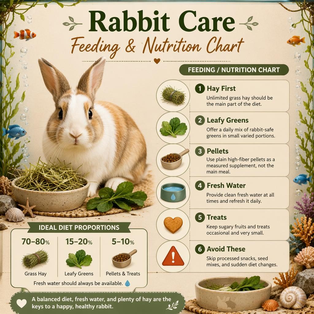 Editorial rabbit care feeding infographic with 6 nutrition callouts, icons, chart blocks, and a healthy rabbit portrait.