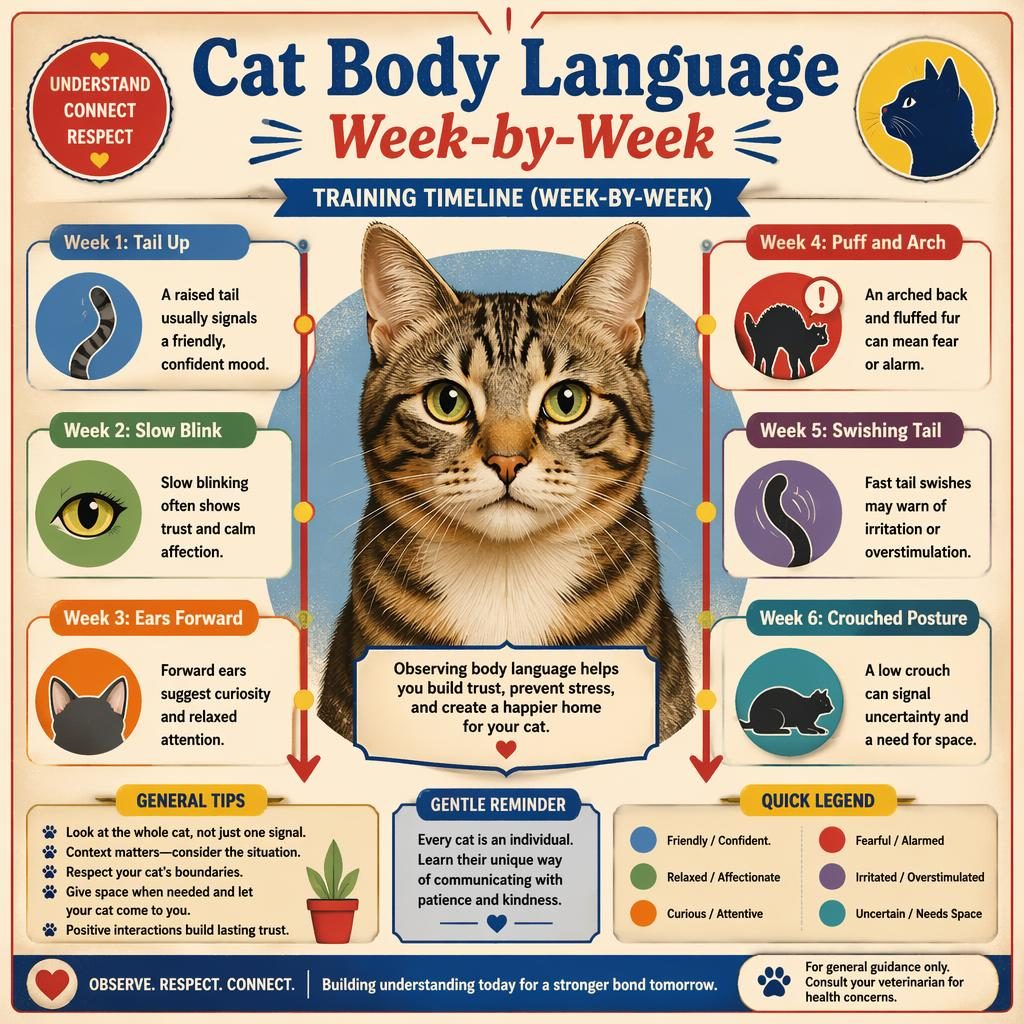 Vintage-style cat body language infographic with a centered cat portrait and 6 weekly timeline callouts with icons.