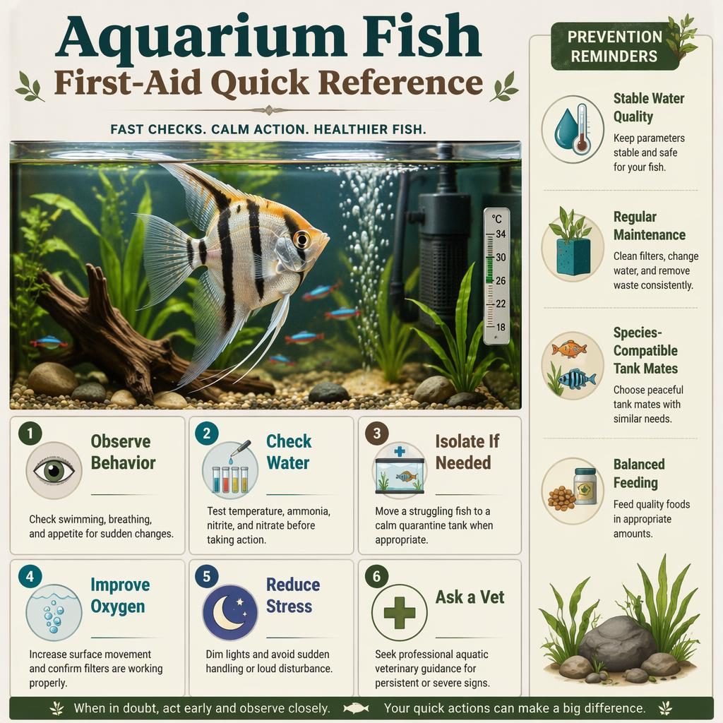 Illustrated aquarium fish first-aid infographic with 6 care callouts, prevention sidebar, healthy tank scene, and icons.