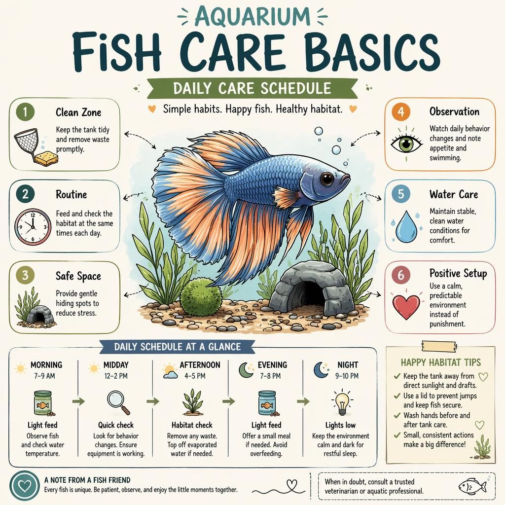 Editorial pet care infographic showing a healthy aquarium fish with six labeled care callouts, icons, schedule panels, arrows, and habitat doodles.