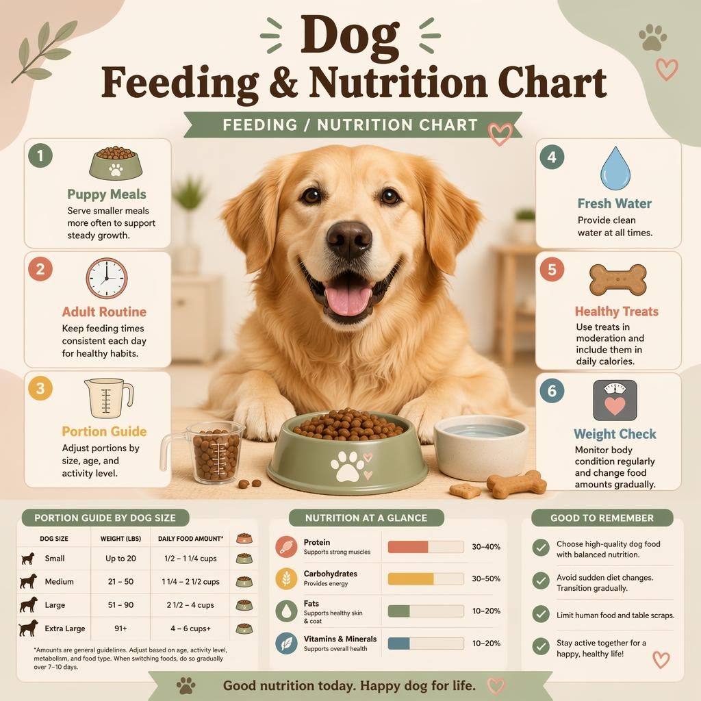 Pastel pet care infographic with a friendly dog portrait and 6 feeding callouts, bowls, water dish, scoop, and chart bars.