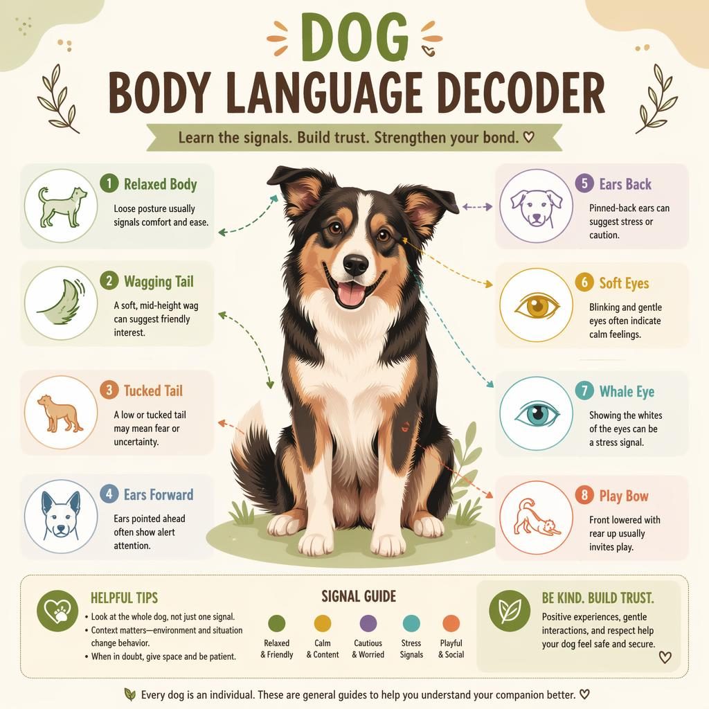 Minimal flat pet care infographic with a friendly dog centered and 8 labeled body language callouts around it.