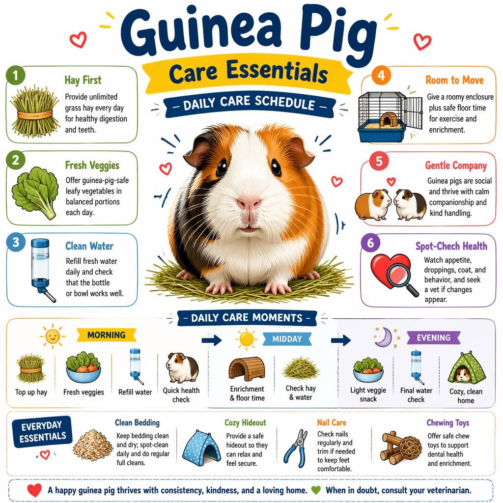 Sketchnote pet care infographic with a centered guinea pig, 6 care callouts, daily schedule strip, and mini care icons.