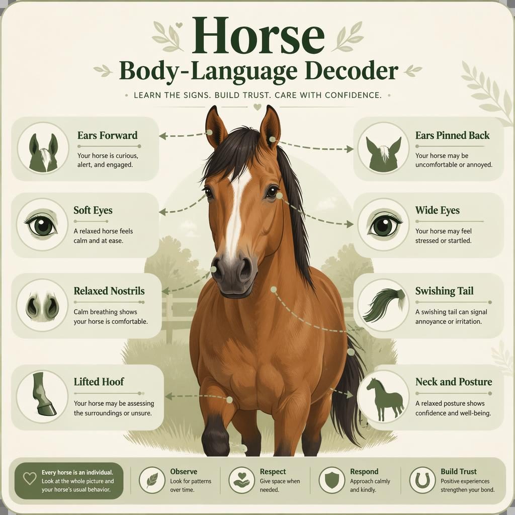 Flat editorial infographic of a centered horse with 8 labeled body-language callouts, icons, arrows, and sage cream panels