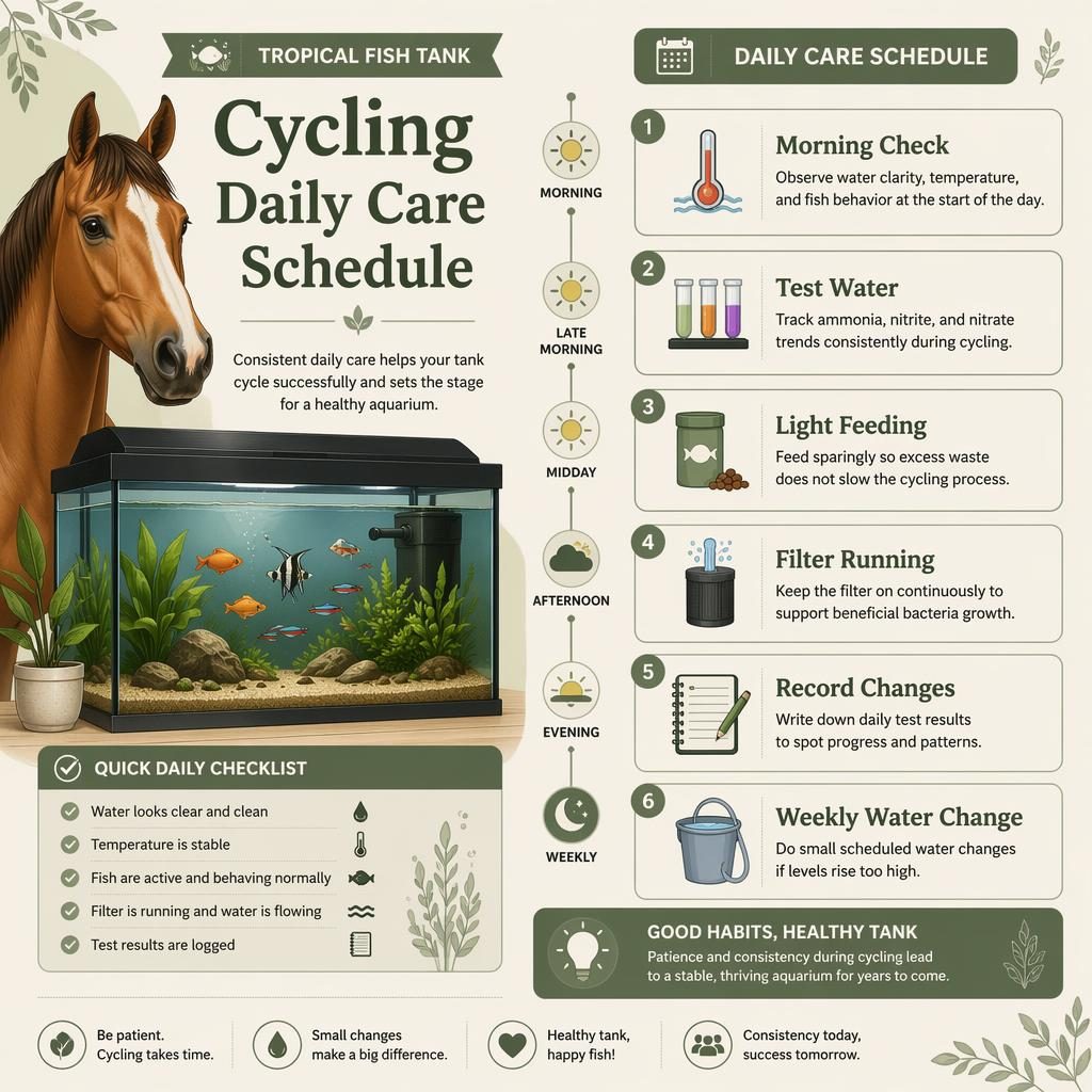 Pet care infographic with a horse portrait, daily care schedule, 6 callouts, icons, sage and cream layout.
